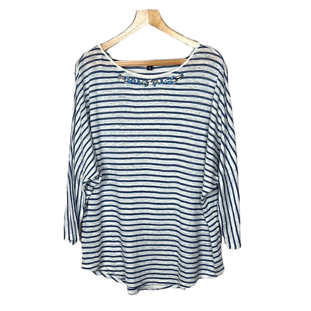 Ann Taylor Jewel Collar Striped 100% Linen Dolman Sleeve Top